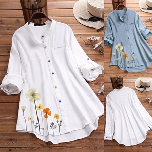 Blusa Vintage para Mujer Casual con Estampado Floral Colorido y Botones, Camisa <span class=keywords><strong>de</strong></span> Manga Larga, Tops y Blusas para Mujer, Blusa Blanca en Tallas Grandes - Product Image 1