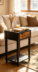 Mesa Auxiliar Moderna de Madera Negra con Cajón Floral y Estante Inferior para Sala de Estar o Dormitorio - Product Image 6