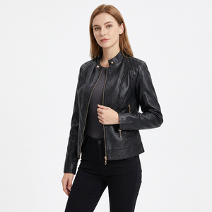 Chaqueta de Motociclista de Cuero PU Negra para Mujer, Cuello Alto, Manga Larga, Cierre de Cremallera, Color Sólido, Estilo Otoñal - Product Image 4