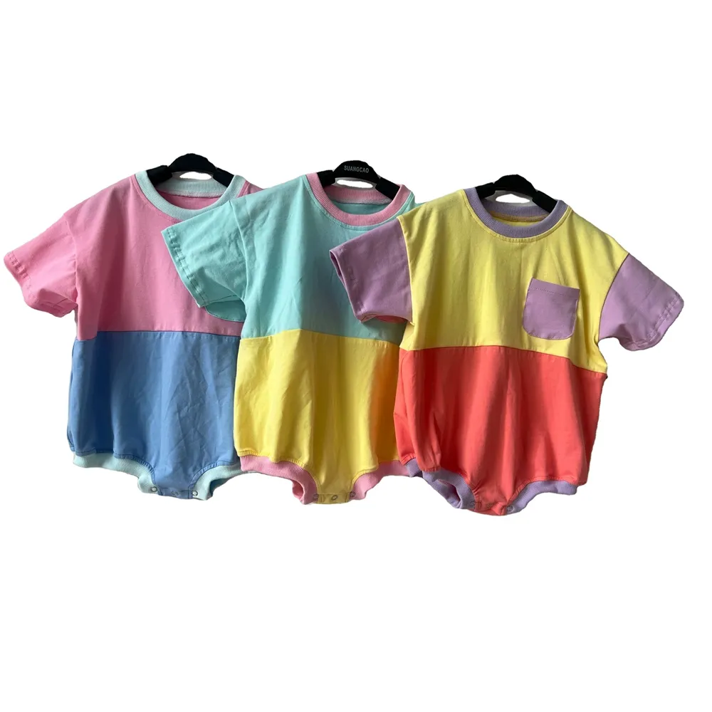 hot sale summer unisex baby bubble romper short sleeves color block Summer toddler casual pocket bodysuit