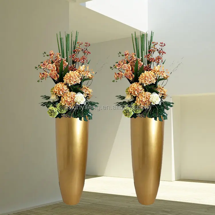 家の装飾カスタムロゴデザインユニークな背の高い床ショートラウンドゴールドフラワーポット花瓶