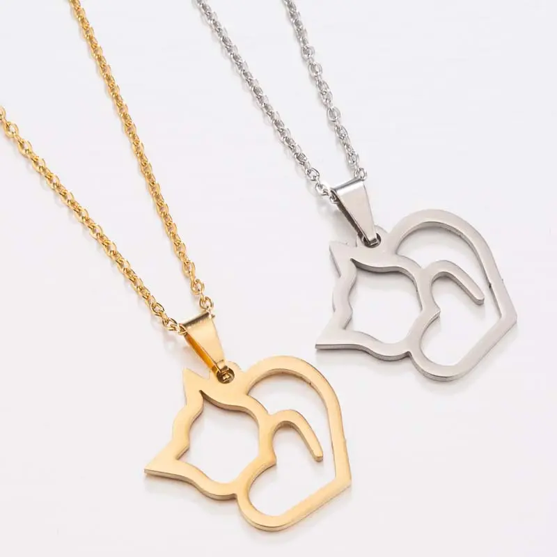 Valentine's Day Customization Hollow Cute Cat Necklace Stainless Steel Heart Pendant Necklaces for Lover Gift