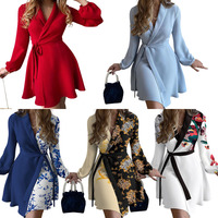 Printemps Offre Spéciale Femmes Casual Jupe Robe À Manches Longues V COU Floral Simple Midi Robes