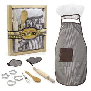 Set of Kids Kitchen Cooking Baking costume Food Cake Kits Pretend Play Game Toy Chef Apron Gloves Set Wooden Spoon Eggbeater Kit