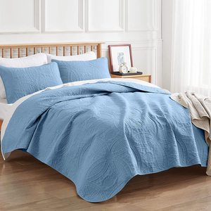 3 pièces Couvre-<span class=keywords><strong>lit</strong></span> Oversize Reine À Ultrasons Gaufrage Léger Couette Ensemble Doux Réversible Couverture pour Toute La Saison <span class=keywords><strong>Bleu</strong></span> Clair - Product Image 6