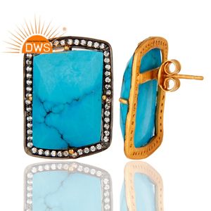 Sky Blue Turquoise Gemstone Earrings 18k Gold Plated 925 Silver Rectangle Shape Stud Earrings Jewelry Wholesale - Product Image 3