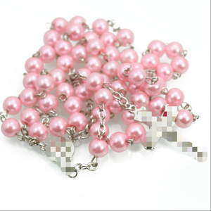 Collier chapelet imitation perles 8mm avec pendentif croix unisexe, chaîne de pull, plusieurs couleurs, bijou cadeau - Product Image 2