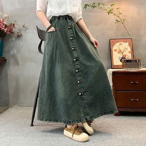 <span class=keywords><strong>2025</strong></span> automne décontracté a-ligne taille haute évasée longue Maxi dames taille ceinture bouton poches ample Denim jean jupe pour les femmes - Product Image 6