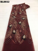 Tissu en dentelle perlée couleur oignon d'Arménie avec paillettes haut de gamme et broderies pour robes de mariée élégantes