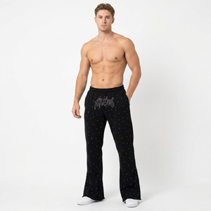 Wholesale Custom <b>Men</b>’s Cotton Terry Flared Sweatpants Stone Washed Rhinestone Patch Embroidery Trendy Streetwear Baggy <b>Trousers</b> - Product Image 1