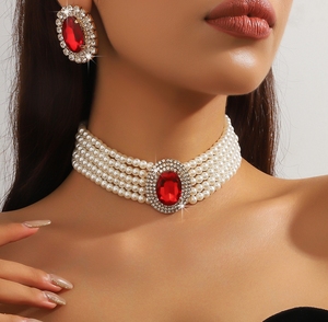 مجموعة قلادة لؤلؤ تقليد متعددة الطبقات أمريكية فخمة من الكريستال الهندسي مجوهرات عصرية لحفل الزفاف - Product Image 5