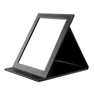 FYD卸売ブラックメイクアップミラーPuレザートラベルポータブル折りたたみ式化粧品スタンドアップテーブルデスクトップスクエアメイクアップミラー