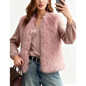 Gilet en fausse fourrure pour femme, sans manches, duveteux, ouvert sur le devant, vêtement d'extérieur d'hiver, rose, veste en fausse fourrure, cardigan, haut - Product Image 5