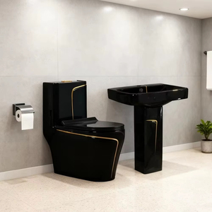 WC monobloc de luxe en céramique avec ligne dorée, noir, à double chasse, design moderne, pour salle de bain, toilettes colorées avec lavabo - Product Image 1