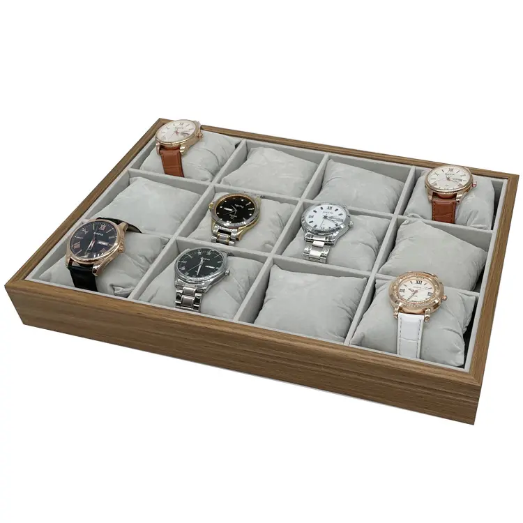 Organizador de caja de reloj de madera, bandeja de joyería, bandeja de reloj con almohada extraíble, vitrina de reloj de encimera con 12 ranuras para pulsera