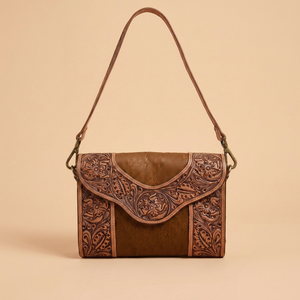 Sac à bandoulière en cuir de vachette avec rabat floral gaufré, sac à main bohème avec chaînes, fermeture éclair, tendance, antivol RFID pour usage quotidien - Product Image 1