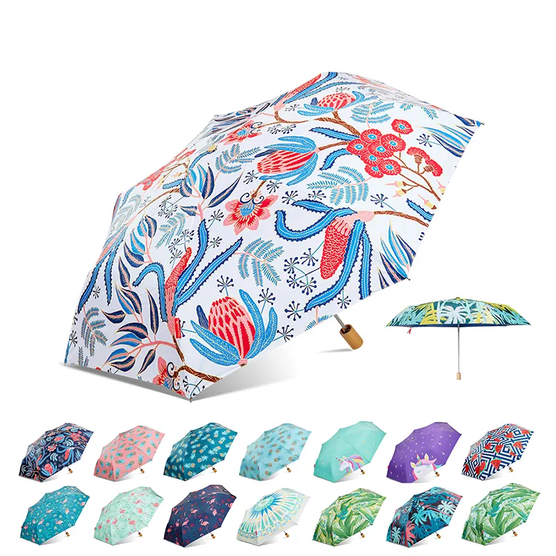 Payung Lipat Penuh Warna Isi 3 Inci 21 Inci Cetakan Bunga Dalam Multiwarna Payung Lipat Kualitas Tinggi dengan Gagang Kayu