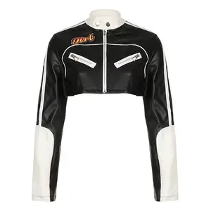 Vendita calda con lettere stampate con cerniera ricamata giacca corta in pelle sintetica Bomber giacche giacca da moto cappotto da donna