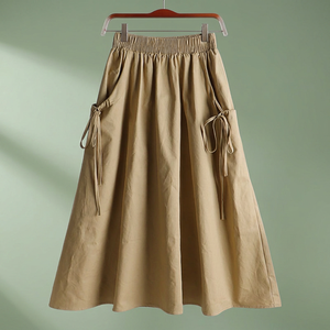 Jupe trapèze en coton non tissé pour femme, longueur cheville, taille naturelle, couleur unie, avec poches, cordon de serrage, décontractée, respirante, avec nœud, en stock - Product Image 3