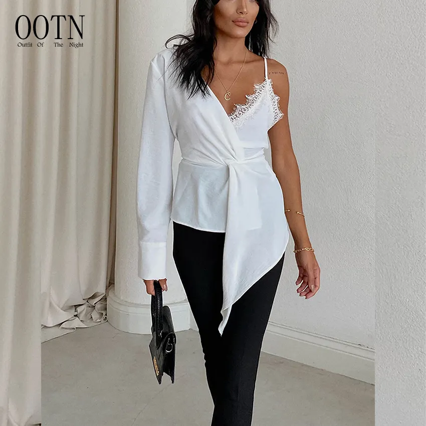 OOTN 2022 패션 레이스 비대칭 Blusas 도매 빈티지 V 넥 얇은 스트랩 여성 셔츠 세련된 탑스