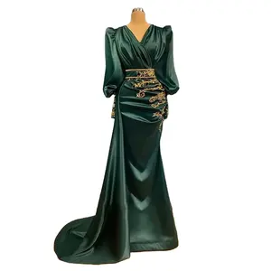 Luxury high quality green moderate long sleeve satin evening dress for women Mermaid handmade beaded evening dress for parties a