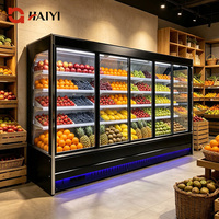 Réfrigérateur commercial ouvert avec porte coulissante en verre, économie d'énergie, vitrine réfrigérée pour fruits et légumes de supermarché