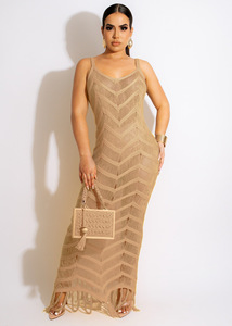 Último diseño verano playa lleva correa de punto Bikini traje de baño ganchillo borla Bikinis y ropa de playa Sexy Maxi Vestido de playa - Product Image 6