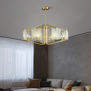 Lámpara de Araña Hexagonal Moderna de Acero Inoxidable con Pantallas de Alabastro Natural, Acabado Dorado Elegante para Interiores de Lujo - Product Image 3