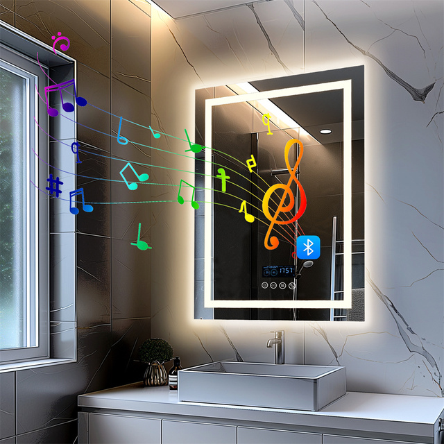 Modern Luxury LED Dimmable Defog Bathroom Mirror with Bluetooth Speakers for Salon Hotel Apartment or Villa Use