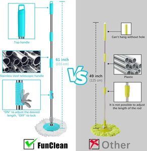 FunClean pour ensemble de <span class=keywords><strong>seau</strong></span> avec essoreuse rotative à 360°, 6 recharges en microfibre, manche télescopique en acier inoxydable de 61 pouces, 2 roues, bleu - Product Image 3
