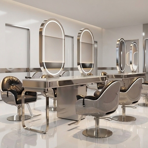Miroir de <span class=keywords><strong>coiffure</strong></span> moderne en acier inoxydable, siège pour quatre personnes avec miroir double face pour salons de beauté, salons de <span class=keywords><strong>coiffure</strong></span> - Product Image 3