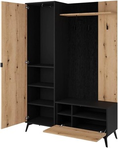 Juego de Perchero de pasillo negro de roble de madera de estilo contemporáneo con armario y estante para zapatos con espejo - Product Image 5