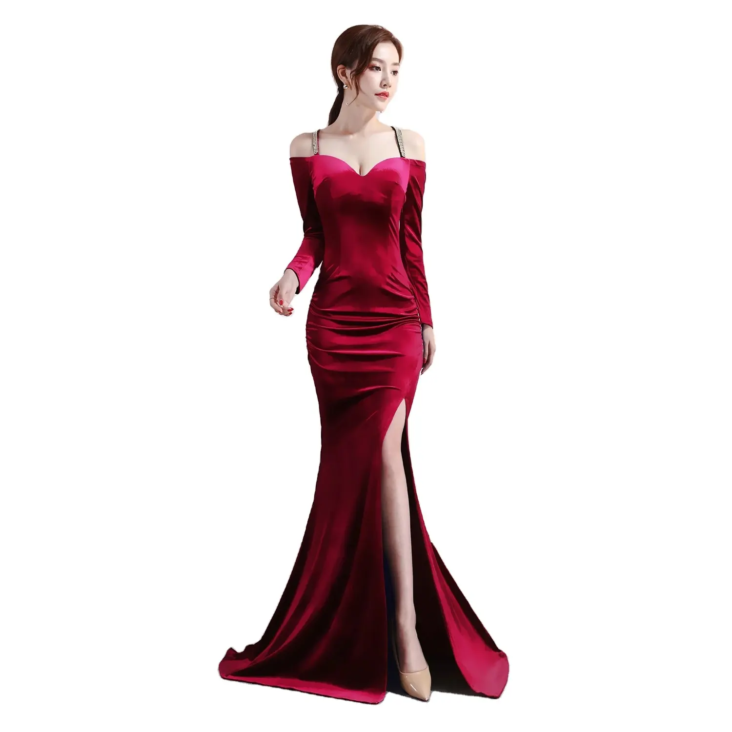 Mermaid Evening Dress Women Formal Prom Gowns High Slit Lady Dresses Beauty Vintage Sweetheart Long Sleeve Off Shoulder Velvet