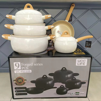 Ensemble de 9 ustensiles de cuisine antiadhésifs de haute qualité en aluminium forgé avec revêtement en granit, comprenant une casserole, une poêle et une casserole à sauce, avec poignées en bois, pour une cuisine professionnelle