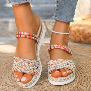Nuove Ciabatte Colorate in Corda di Canapa Intrecciata con Suola Spessa Indossabili in Due Modi per Donne, Sandali con Zeppa a Punta Aperta per Taglie Grandi - Product Image 1