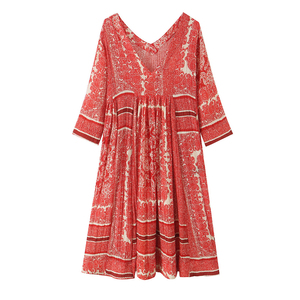 Vestido Midi Bohemio con Estampado Floral y Cuello en V para Mujer, Manga Larga, Corte en A, con Volantes, para Vacaciones, OEM/ODM por Fábrica China - Product Image 1