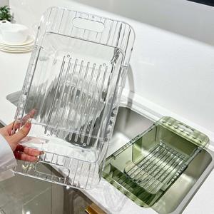 Extendable <b>Drain</b> Basket For Kitchen Sink Vegetable Washing Dish <b>Rack</b> With Storage Tray Transparent Emerald Green Square Shape - Product Image 4