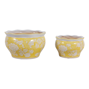 Vasi Rotondi in Ceramica con Design Floreale per Piante da Interno ed Esterno, Set di Due Vasi Decorativi Gialli e Bianchi - Product Image 3