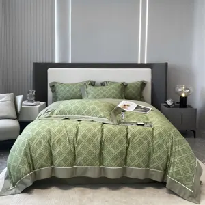 100% 棉4件套床上用品数码印花设计绿色被套枕套软床单套装