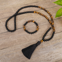 Ensemble de colliers ethniques en pierre œil de tigre, 108 perles, chaîne de pull avec pampille de yoga, forme goutte, en stock
