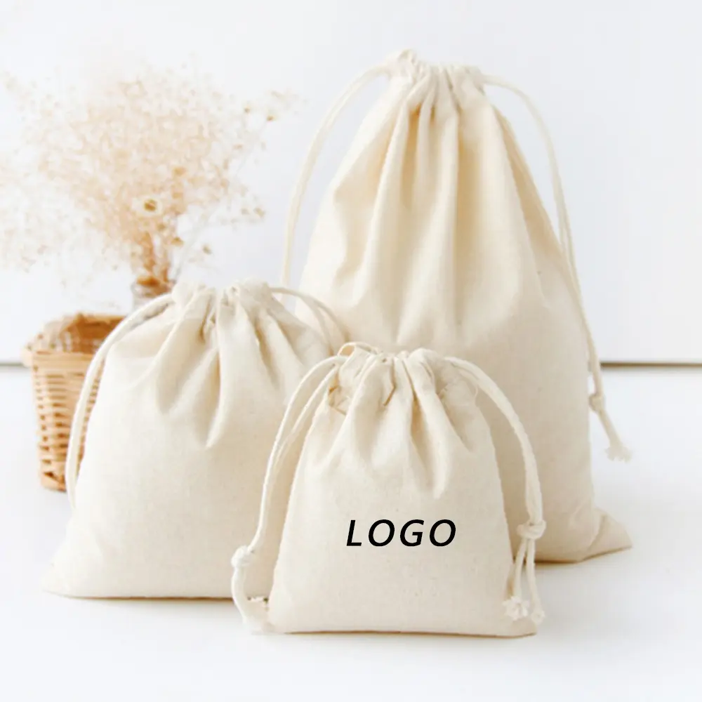 Pochette en mousseline de coton organique, personnalisée, petit sac en toile blanche à cordon imprimé avec Logo