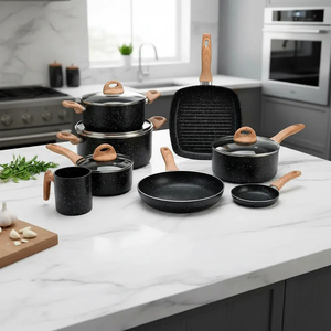 Batterie de cuisine en céramique antiadhésive en promotion avec poignées en bois et couvercles en verre, compatible lave-vaisselle et four, pour cuisinières à gaz et à induction - Product Image 2