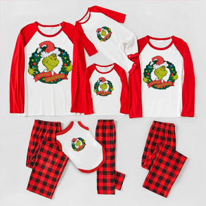 Personalizado Grinch Impressão Xadrez Vermelho Pijama De Natal Conjunto Elástico Cintura O-Neck Collar Família Sleepwear Térmica Frente Dropshipping - Product Image 1