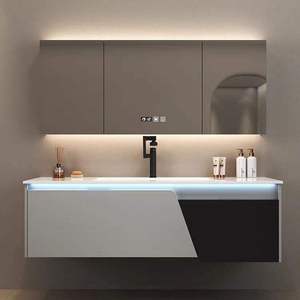 Modern Seamless Sintered Stone <b>Bathroom</b> <b>Vanity</b> with Integrated Ceramic Basin, Waterproof Oak <b>Bathroom</b> Cabinet Set - Product Image 5