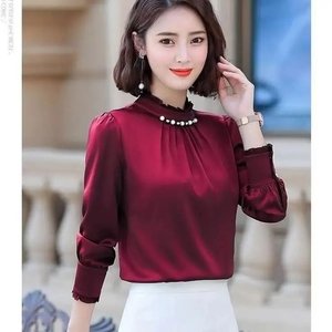 Camicie Eleganti da Ufficio da <span class=keywords><strong>Donna</strong></span> a Maniche Lunghe Primaverili Blusa Casual con Perline e Pieghe e Colletto alla Coreana - Product Image 2