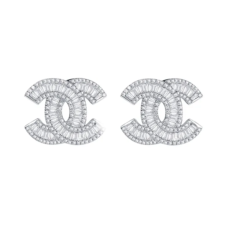 Baroli hot sale elegant new designs jewelry 14k 18k real white gold initial letters C baguettes diamonds stud earrings for girls