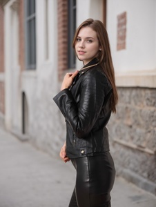 Veste en cuir PU noir ajusté avec fermeture éclair asymétrique. Veste motocycliste. Avec plusieurs poches et coutures décoratives - Product Image 4