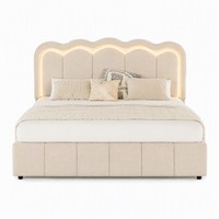 Cama con almacenamiento y elevación a gas, tapizada con diseño de canal en V y capitoné, con cabecero LED, estructura de metal y terciopelo, somier de láminas de madera, fácil montaje
