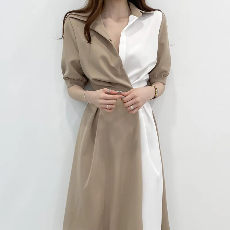 Wholesale 2021 Summer Korean Chic Lapel Design Sense Contrast Stitching One Button Waist Short-sleeved Elegant OL Dress