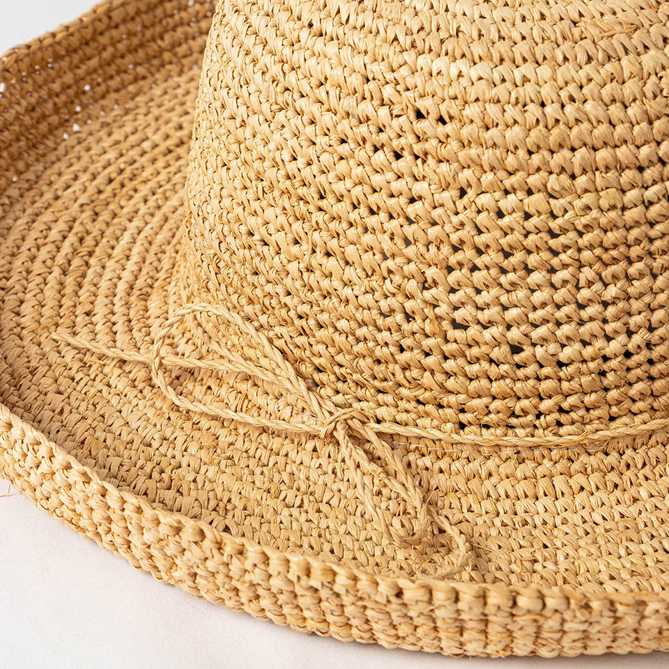 Straw Hat Drawstring SY HATS 100% Raffia Straw Hand Crochet Bowler Hat With Tie String Trim ...